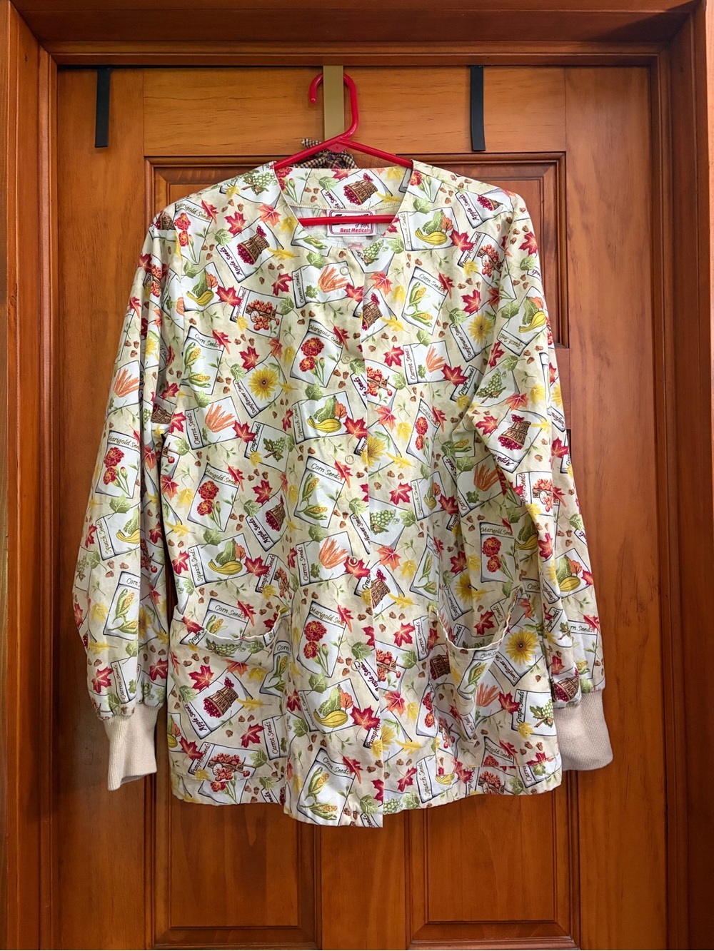 Vintage Best Medical Scrub Jacket Garden Seed Packet Fall Cottagecore warm up
